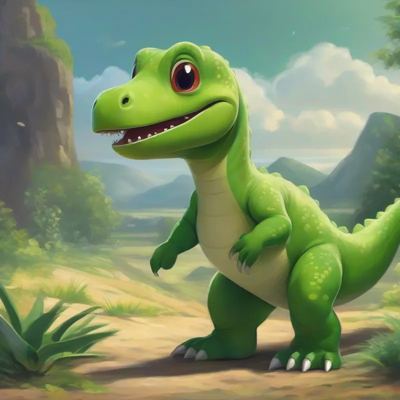 A green dinosaur with a friendly smile. comes back to Earth with new knowledge