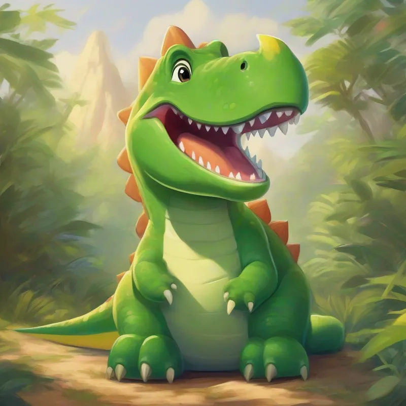 A green dinosaur with a friendly smile. shares stories, surrounded by friends and family