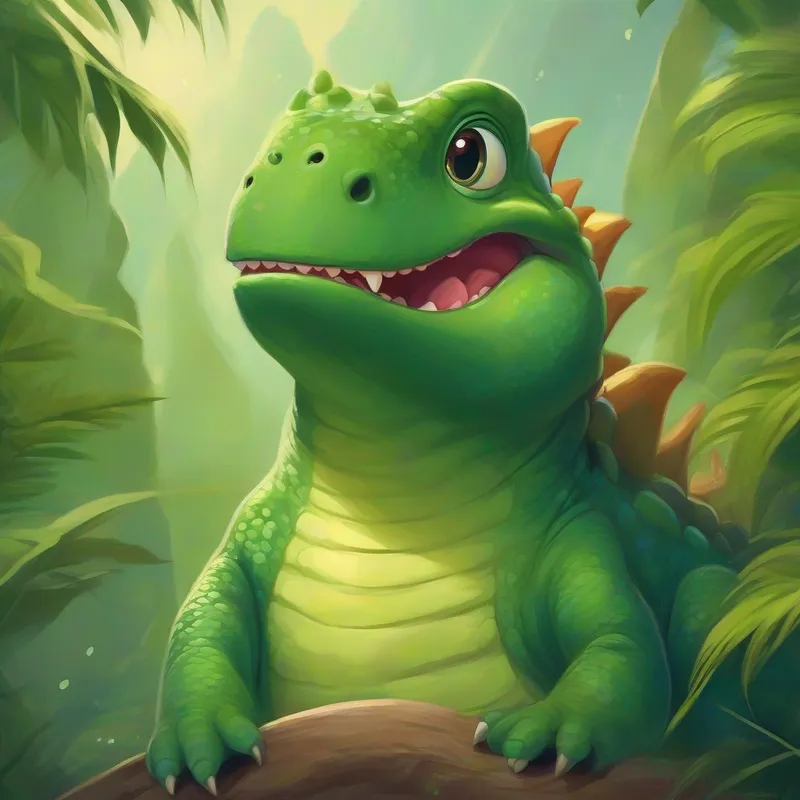 A green dinosaur with a friendly smile. dreams of more adventures, smiling and hopeful