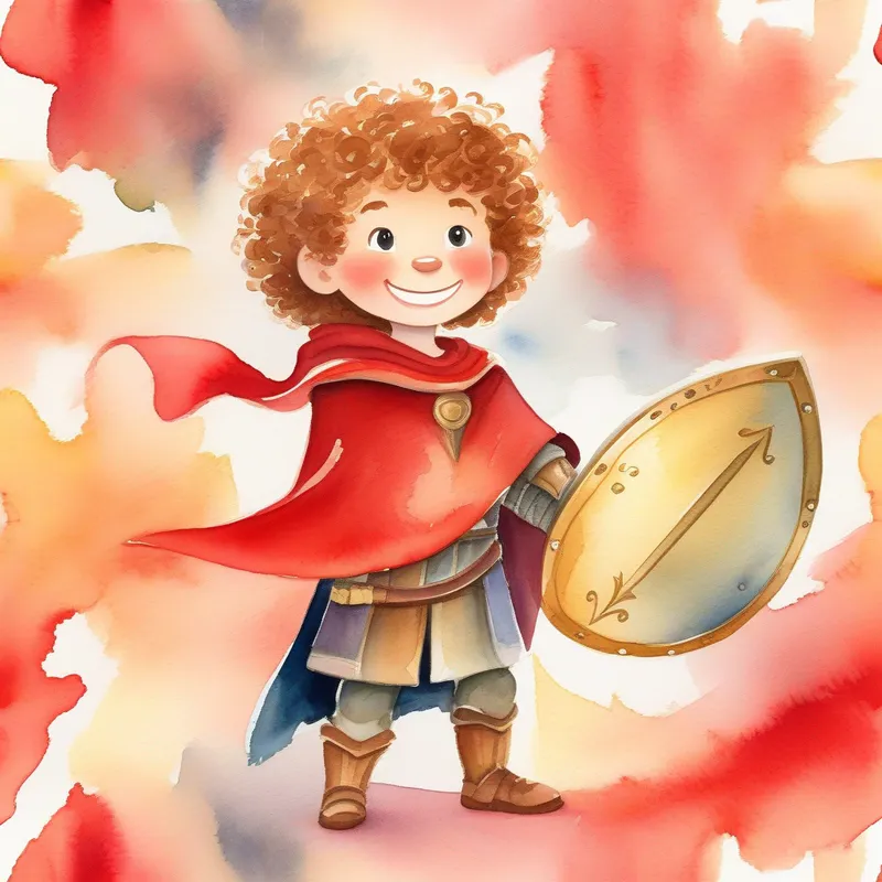 Brave boy with curly hair, wearing armor and a red cape. with a big smile, holding a sword and a shield.