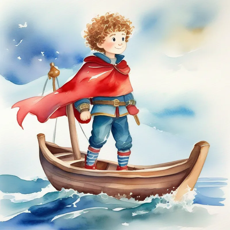 Brave boy with curly hair, wearing armor and a red cape. standing on a wooden boat, sailing on a blue ocean.