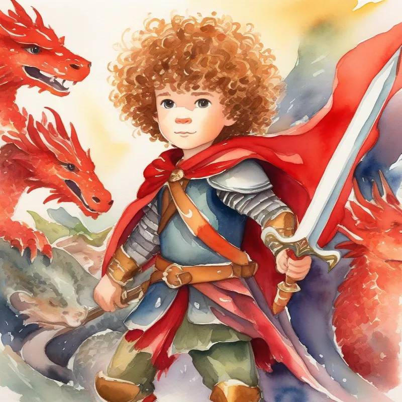 Brave boy with curly hair, wearing armor and a red cape. standing in front of dragons, raising his sword.