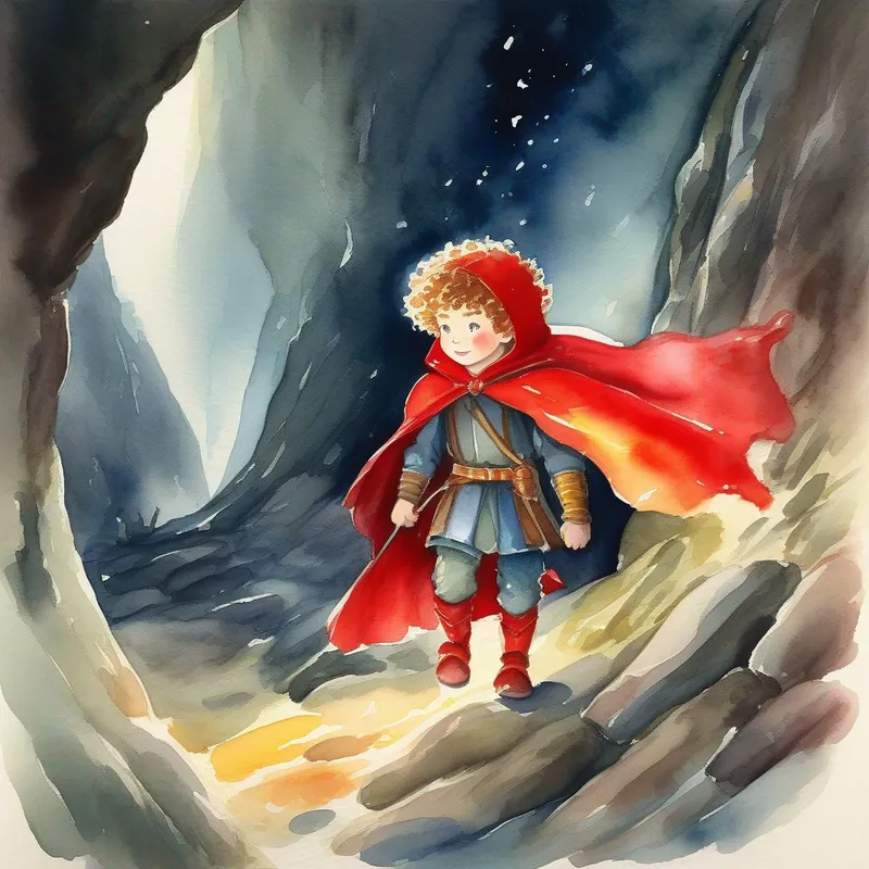 Brave boy with curly hair, wearing armor and a red cape. entering a dark cave with his sword and lantern.
