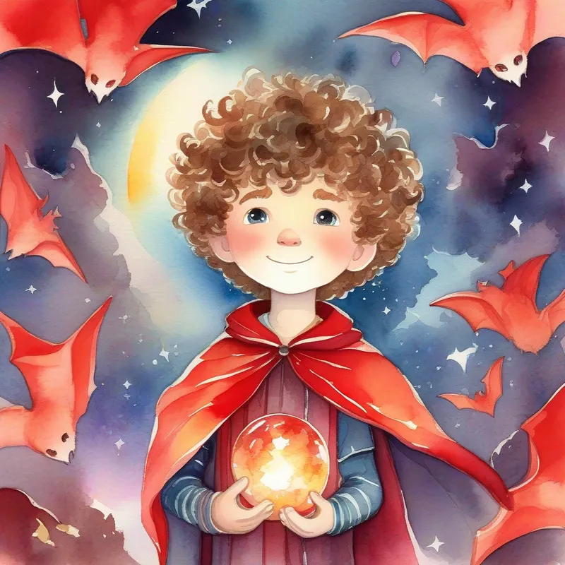 Brave boy with curly hair, wearing armor and a red cape. holding the magical crystal, surrounded by bats.