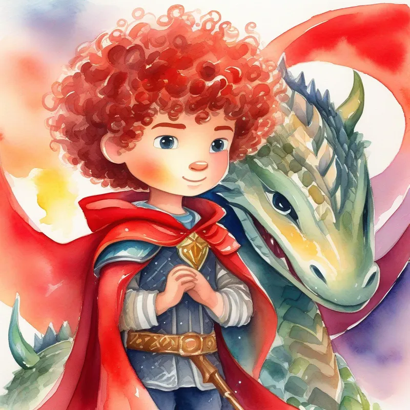 Brave boy with curly hair, wearing armor and a red cape. standing with dragons, holding the magical crystal high.