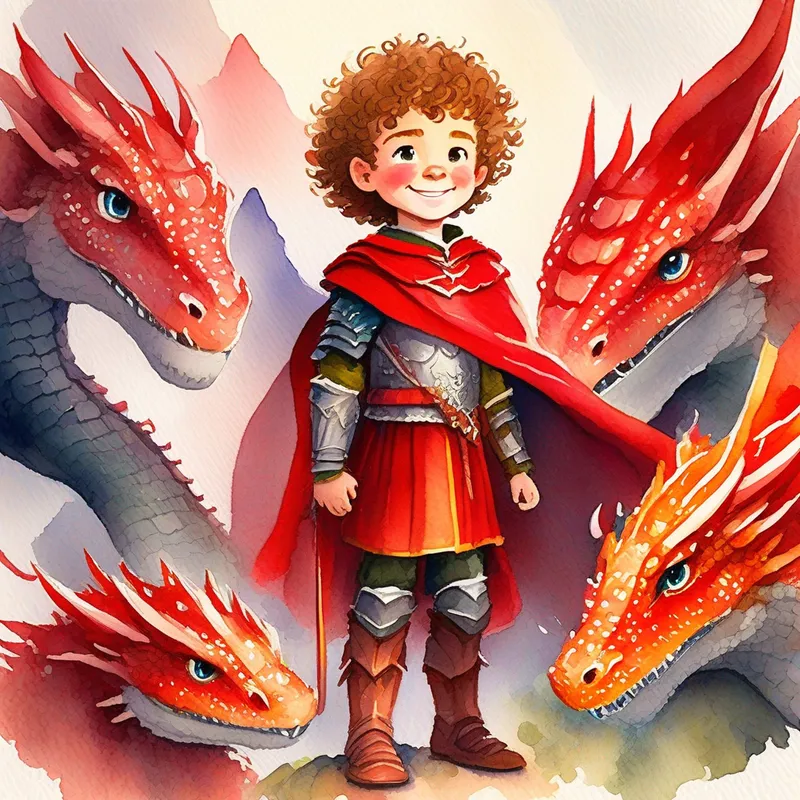 Brave boy with curly hair, wearing armor and a red cape. and dragons standing together, smiling and protecting the kingdom.