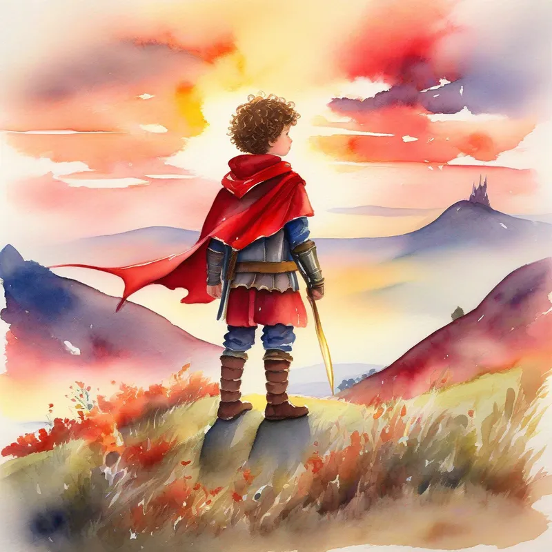 Brave boy with curly hair, wearing armor and a red cape. standing on a hill, looking at the sunset with dragons.