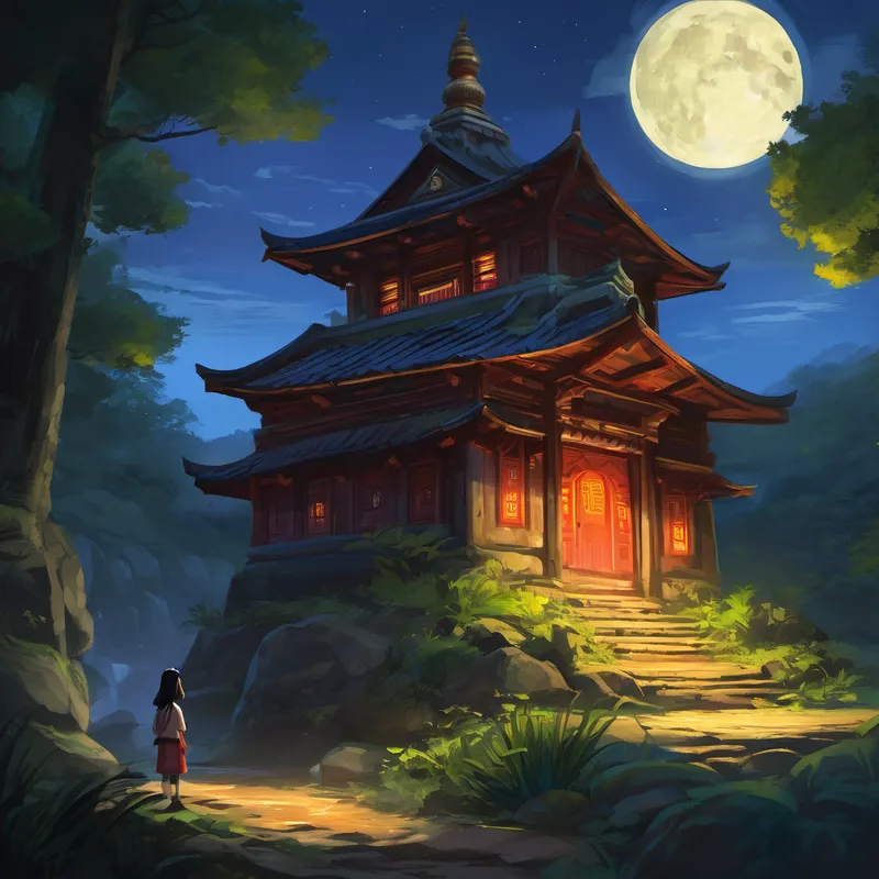Once, long ago, there was a young girl named Ling who lived in a village much like ours. Ling was known for her bravery but had a mischievous streak too. One moonlit night, Ling's curiosity led her to explore an old, abandoned temple situated deep within the forest that surrounded their village. The temple was said to be haunted by restless spirits seeking revenge for a long-ago injustice. Despite the warnings and whispers, Ling ventured inside, eager to solve the mystery that shrouded the ancient place.