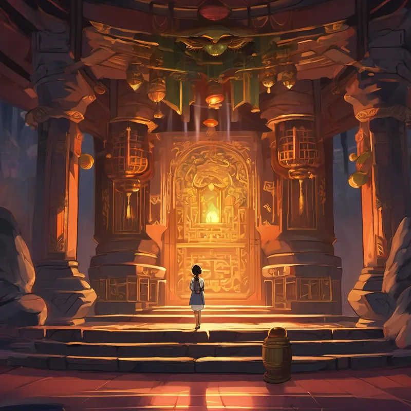 Suddenly, a mysterious voice echoed through the chamber, telling Ling the tale of the spirits trapped within the temple. They were seeking retribution for the wrongs done to them many years ago. Ling's curiosity had not only awakened the spirits but also given them a chance to set things right. Terrified yet determined, Ling asked what she could do to make amends and put the spirits to rest. The voice instructed her to retrieve an ancient artifact hidden deep within the mountains – a magical bell that had the power to restore balance and bring peace to the ones who suffered.