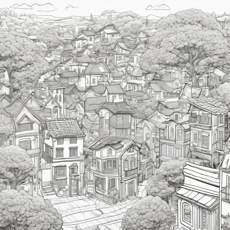 A picture of a small town with houses, trees, and people gathered in a park