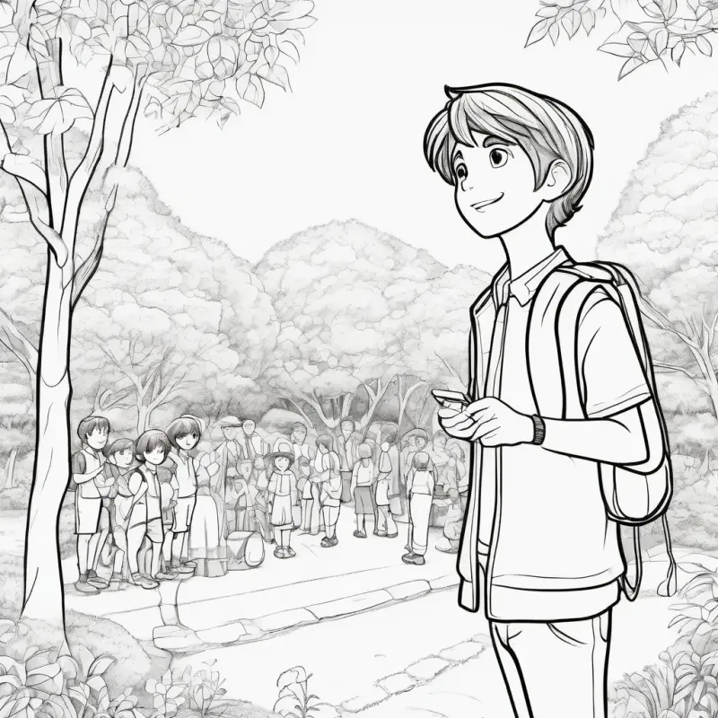 A picture of people gathered in the park, with A boy with brown hair and blue eyes standing on a stage, talking