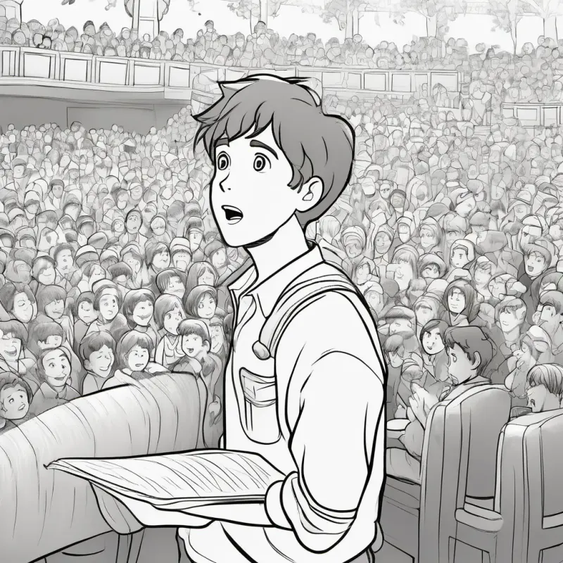A picture of A boy with brown hair and blue eyes speaking on the stage, with people listening and nodding