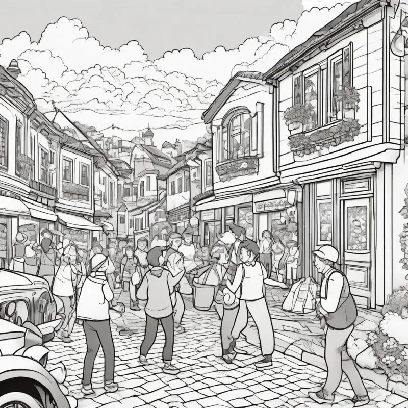 A picture of people in the town laughing and helping each other