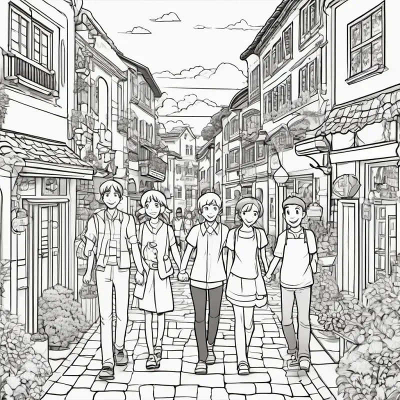 A picture of people in the town holding hands and smiling
