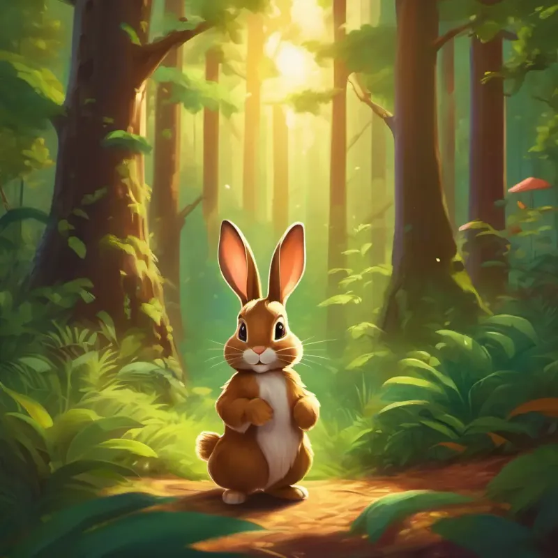 A fluffy, brown rabbit with bright, curious eyes hopping through a lush, mystical forest, spotting the shiny key