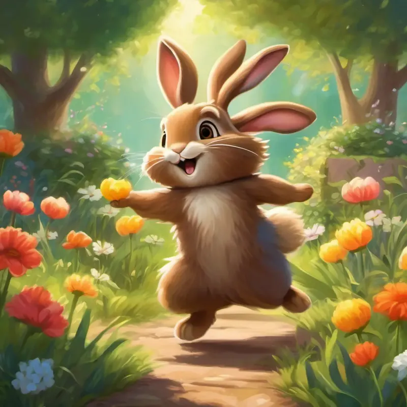 A fluffy, brown rabbit with bright, curious eyes joining hands with his new friends, dancing and laughing in the bountiful garden