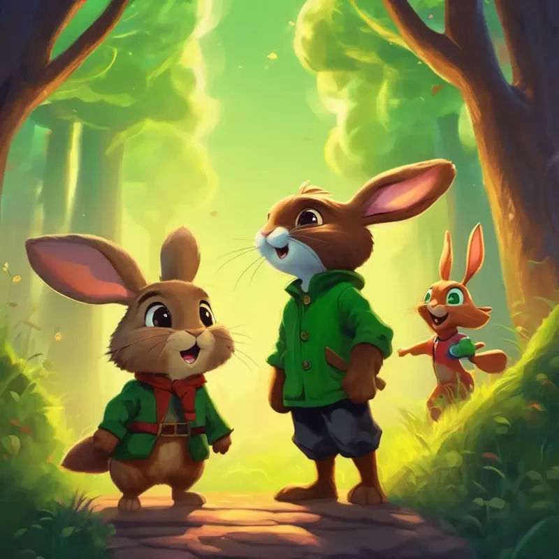 A fluffy, brown rabbit with bright, curious eyes standing tall, facing the A small, green goblin with a big frown with his friends cheering him on