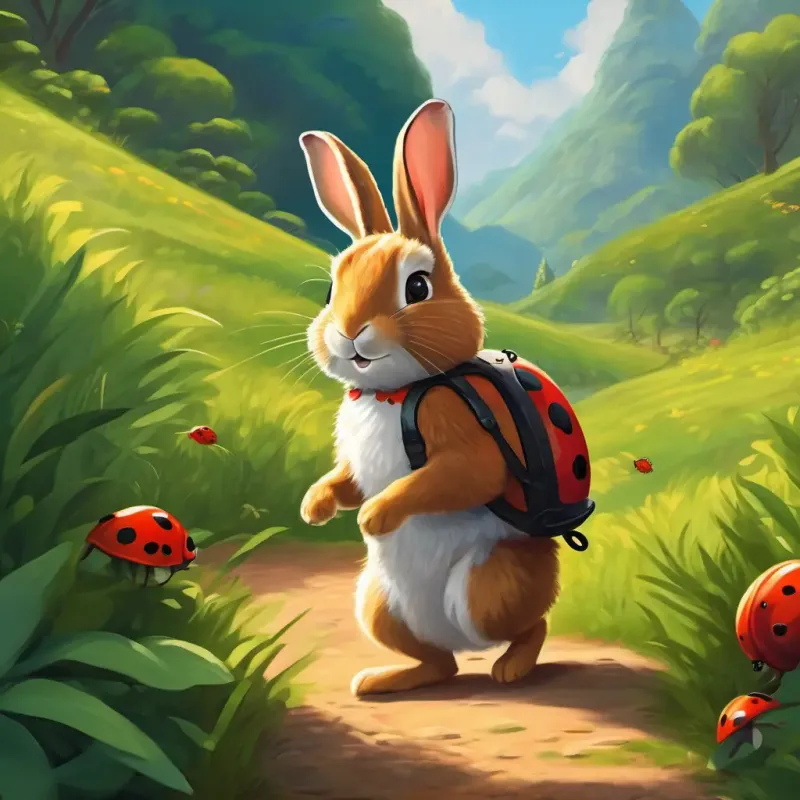 A fluffy, brown rabbit with bright, curious eyes and friends traversing through lush landscapes, lending a hand to the ladybug