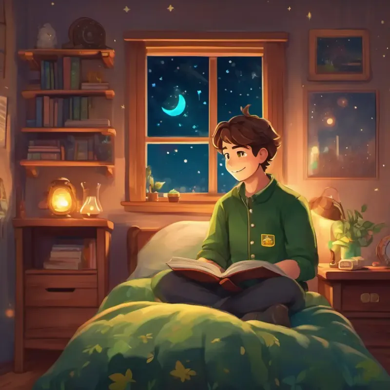 Brown hair, green eyes, determined and brave, wearing a big smile is in his cozy bedroom, with a starry sky outside, dreaming of becoming a firefighter.