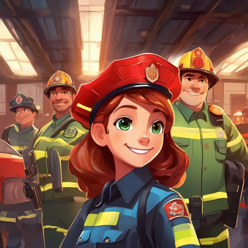 Brown hair, green eyes, determined and brave, wearing a big smile finds himself in a lively firehouse, meeting Fire Chief Red hair, blue eyes, fearless and wise, wearing a brave firefighter's uniform and her team amidst the clang of gear and the roar of engines.