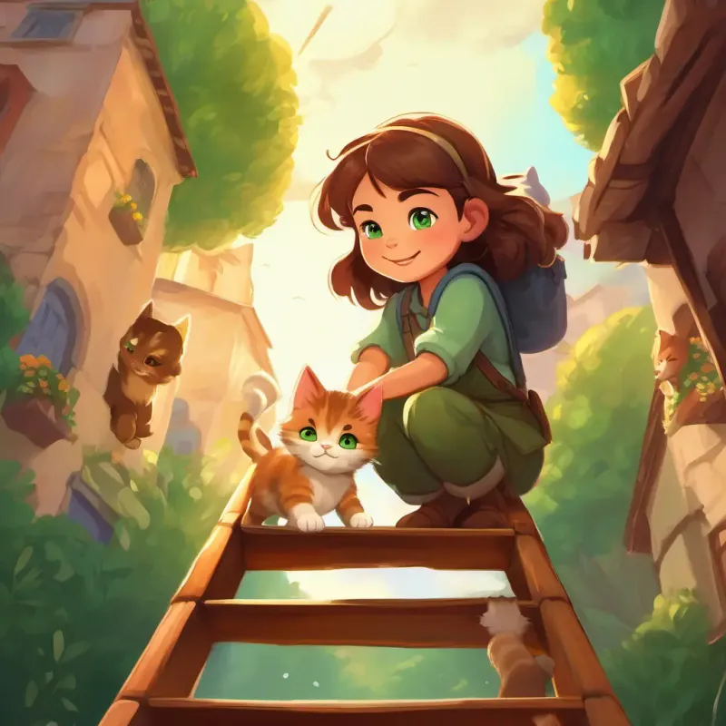 Brown hair, green eyes, determined and brave, wearing a big smile climbs the ladder to rescue the kitten, cheered on by the townsfolk and the grateful purring of the rescued kitty.