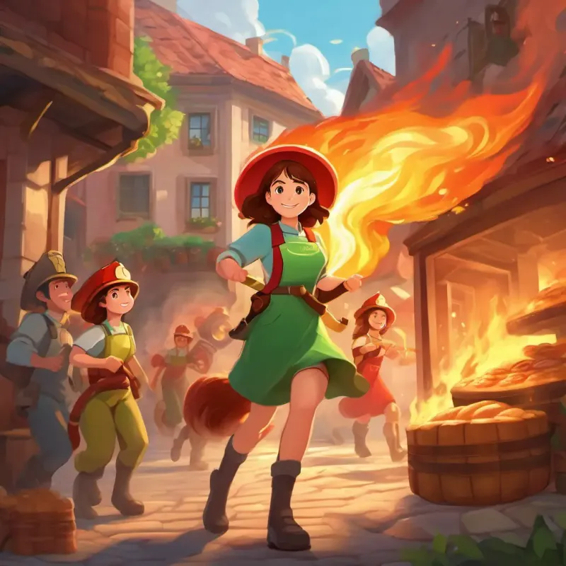 The fire siren blares as Brown hair, green eyes, determined and brave, wearing a big smile and the firefighters rush to save the bakery, using their hoses and bravery.