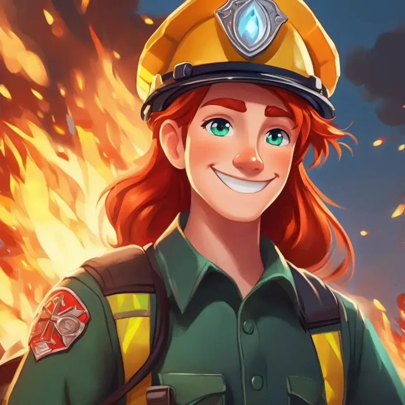 Chief Red hair, blue eyes, fearless and wise, wearing a brave firefighter's uniform presents Brown hair, green eyes, determined and brave, wearing a big smile with a shiny, new firefighter's hat as a reward for his bravery.