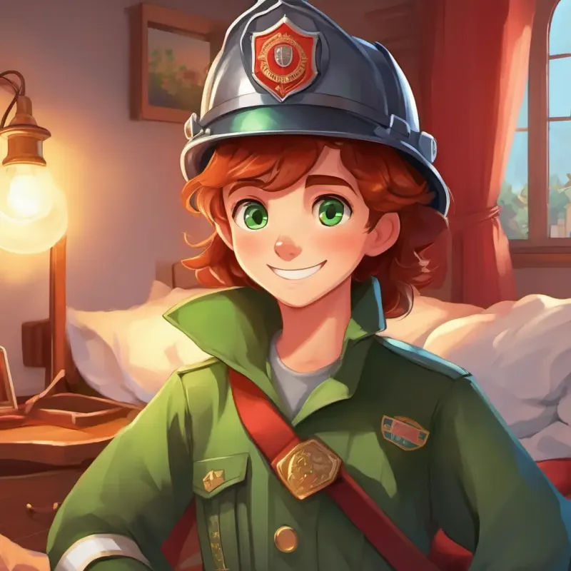 Brown hair, green eyes, determined and brave, wearing a big smile returns to his cozy bedroom, feeling proud and determined to become a firefighter like Chief Red hair, blue eyes, fearless and wise, wearing a brave firefighter's uniform.