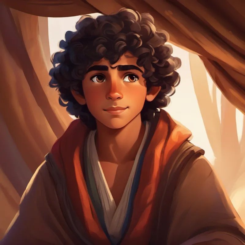 Introducing Dark curly hair, brown eyes, wears traditional clothing, a Bedouin boy, listening to stories.