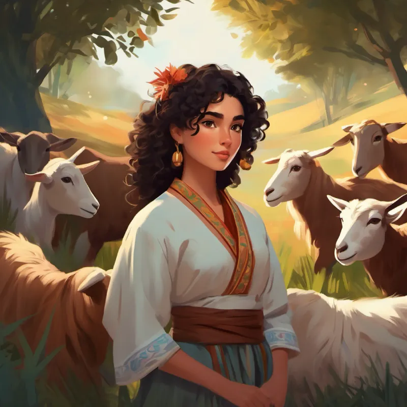 Dark curly hair, brown eyes, wears traditional clothing finds a secret oasis while herding goats.