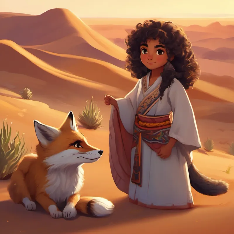 Dark curly hair, brown eyes, wears traditional clothing helps a stuck desert fox and they become friends.