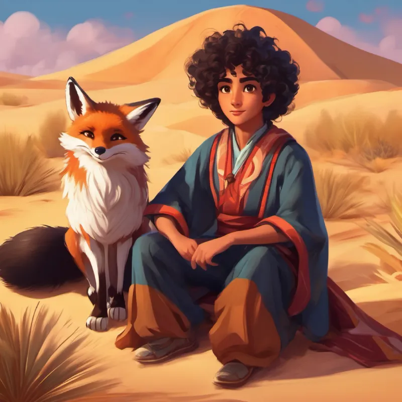 Dark curly hair, brown eyes, wears traditional clothing and the fox have treasure hunts in the desert.
