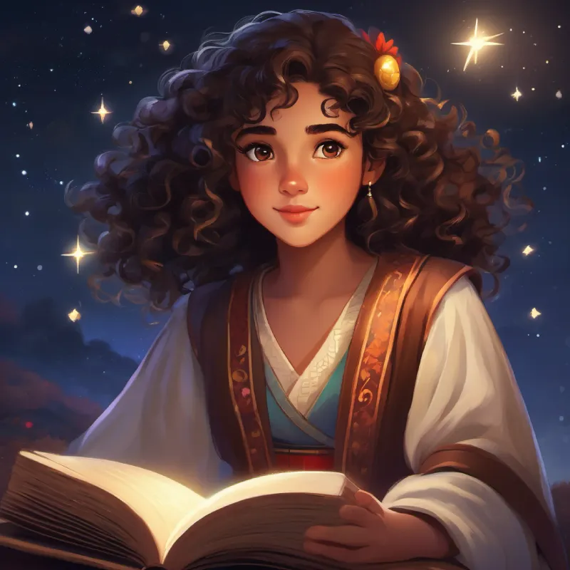 Dark curly hair, brown eyes, wears traditional clothing learns to read the stars and feels like a hero.