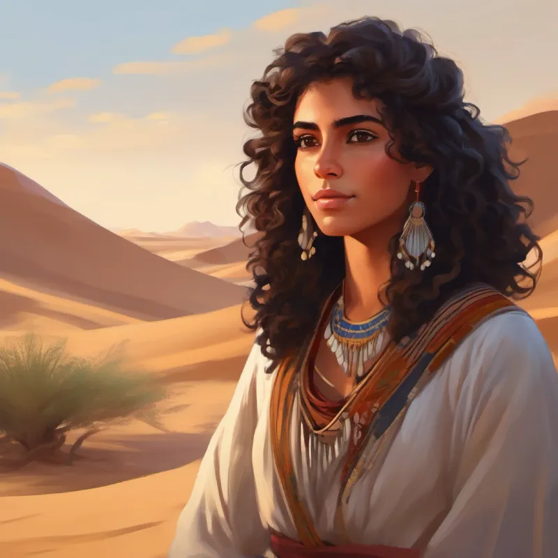 Dark curly hair, brown eyes, wears traditional clothing becomes a part of Bedouin stories, celebrating desert life.
