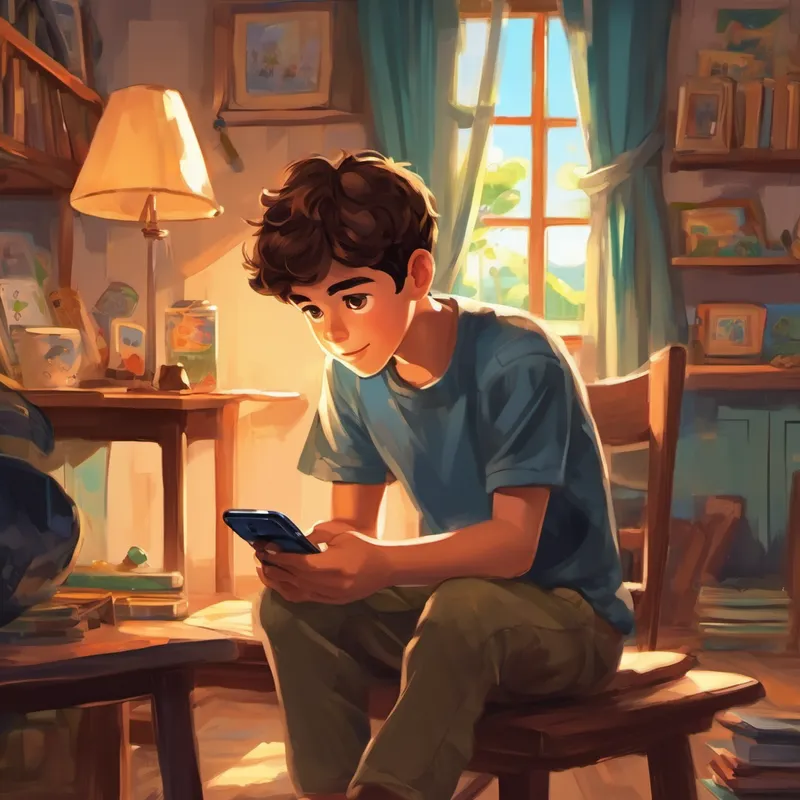 Ali is a smart boy with brown hair and brown eyes sitting in his room, playing games on his mobile phone