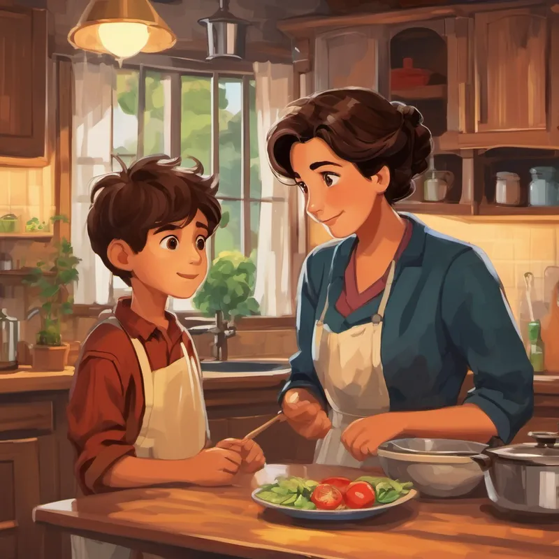 Ali is a smart boy with brown hair and brown eyes and his mom having a conversation in the kitchen