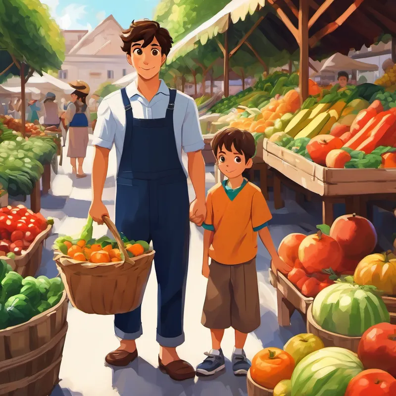 Ali is a smart boy with brown hair and brown eyes and his mom at the farmer's market, surrounded by fruits and vegetables