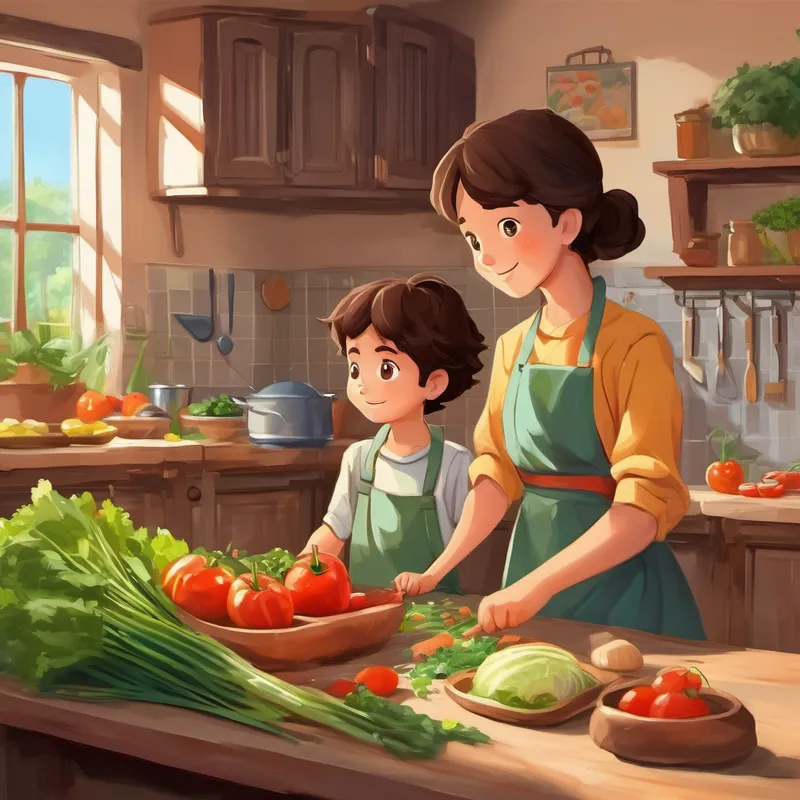Ali is a smart boy with brown hair and brown eyes and his mom in the kitchen, chopping vegetables and making a salad