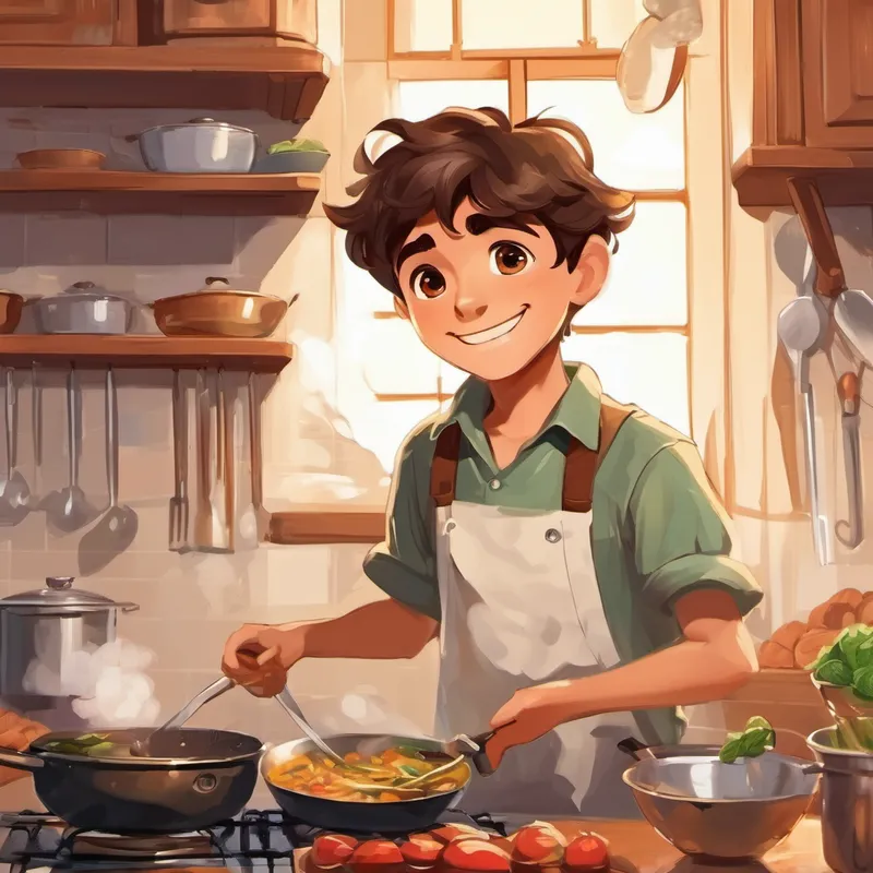 Ali is a smart boy with brown hair and brown eyes cooking in the kitchen, with a big smile on his face