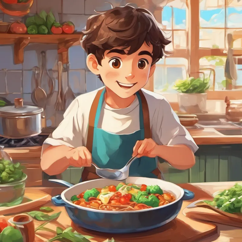 Ali is a smart boy with brown hair and brown eyes happily tasting and cooking different healthy meals
