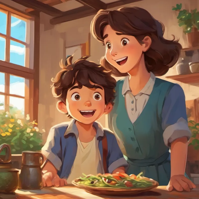 Ali is a smart boy with brown hair and brown eyes with his mom, excitedly opening the surprise