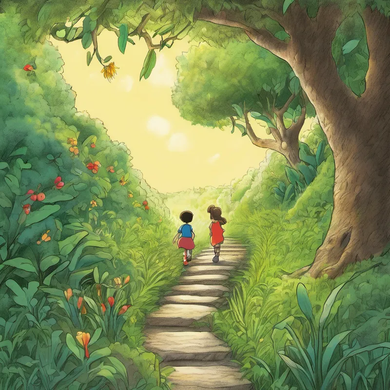 They decided to retrace their steps, starting from where Milo first realized his bananas were missing. This time, instead of searching frantically, they took their time, counting each step they took. As they reached the seventh step, an apple tree caught Lily's eye. She took a closer look and found a hidden tunnel between the roots. Excitedly, they entered the tunnel, still counting their footsteps as they went along.