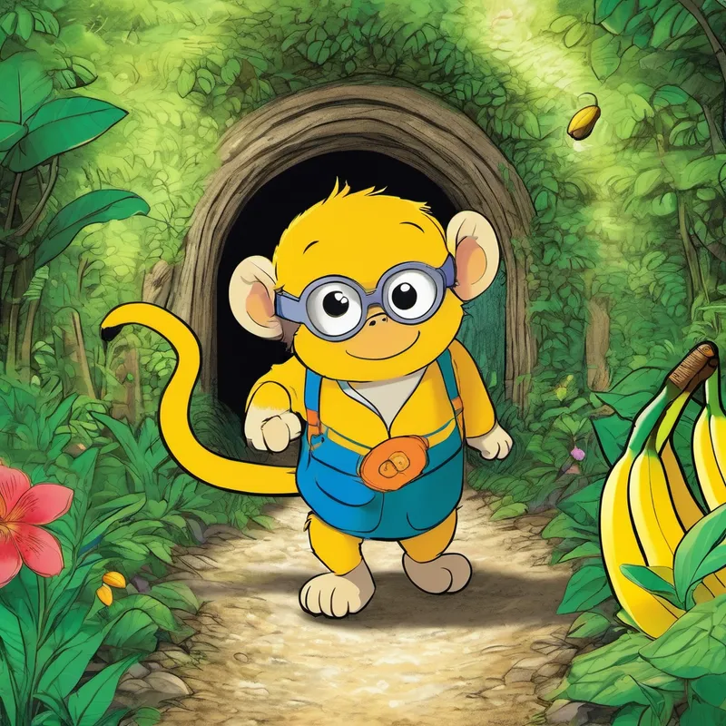 At the end of the tunnel, they discovered a secret garden. And what do you think they found in the middle of the garden? It was Milo's lost bananas, all stacked up neatly! Milo leaped with joy, thanking Lily for helping him solve the problem. He promised to share some bananas with her, as a grateful monkey would.