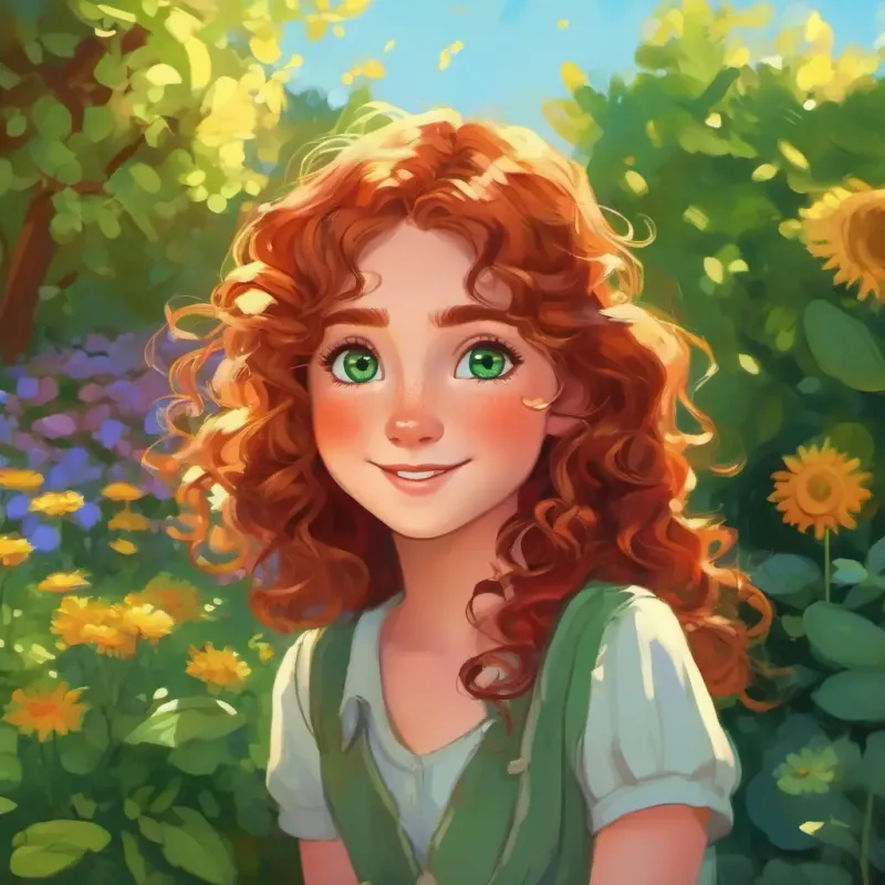 Curly brown hair, bright green eyes and Long red hair, freckles, big blue eyes playing in the garden, sunny evening