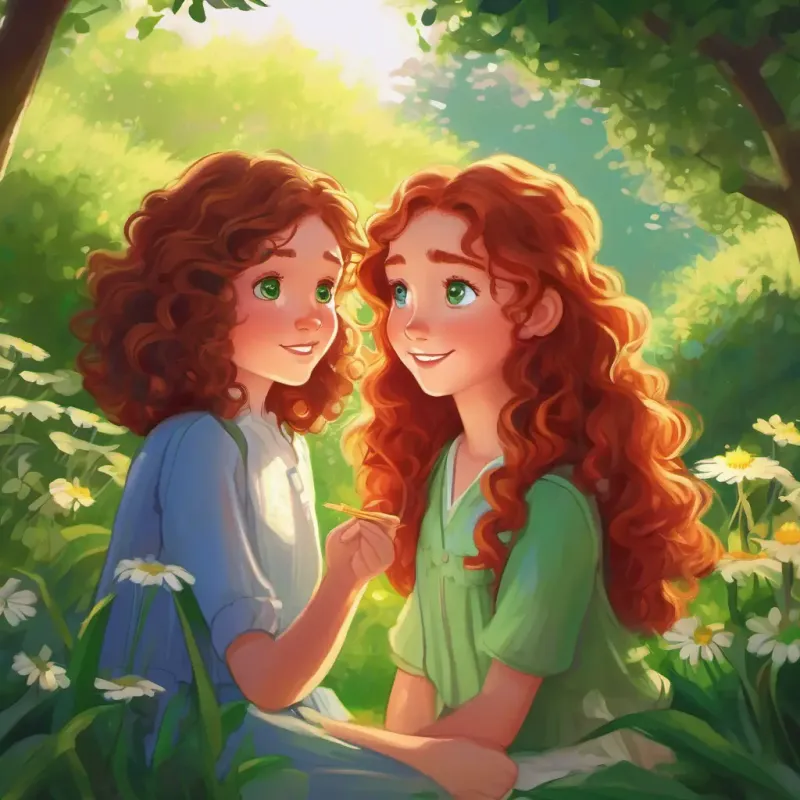 Curly brown hair, bright green eyes and Long red hair, freckles, big blue eyes making a wish, Curly brown hair, bright green eyes's mum talking to them, garden setting