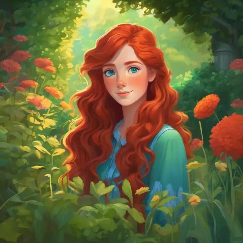 Long red hair, freckles, big blue eyes sharing her idea with Curly brown hair, bright green eyes, garden setting