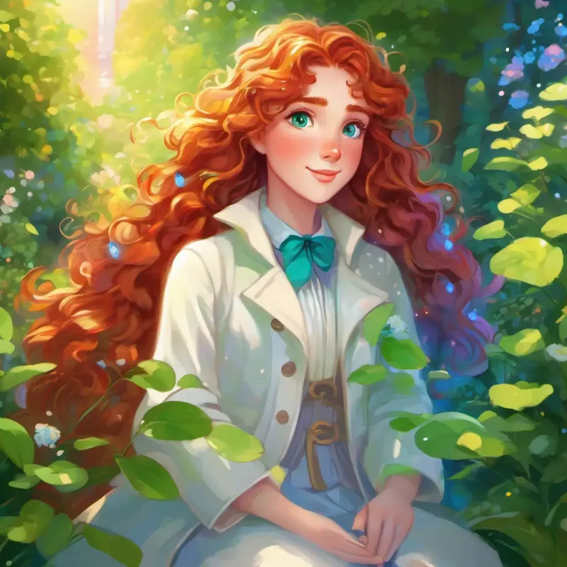 Curly brown hair, bright green eyes and Long red hair, freckles, big blue eyes making a wish, Shimmering white coat, sparkling blue eyes, rainbow mane appearing, garden setting