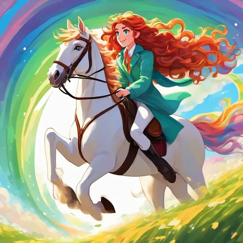 Curly brown hair, bright green eyes and Long red hair, freckles, big blue eyes riding Shimmering white coat, sparkling blue eyes, rainbow mane, flying through the sky