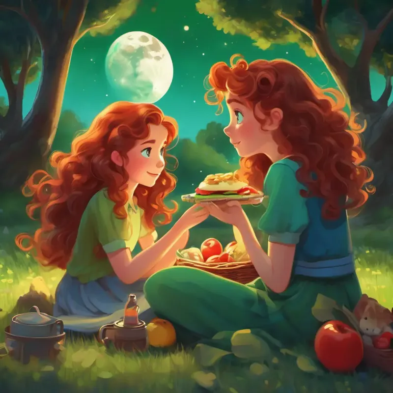 Curly brown hair, bright green eyes and Long red hair, freckles, big blue eyes playing on the moon, having a picnic