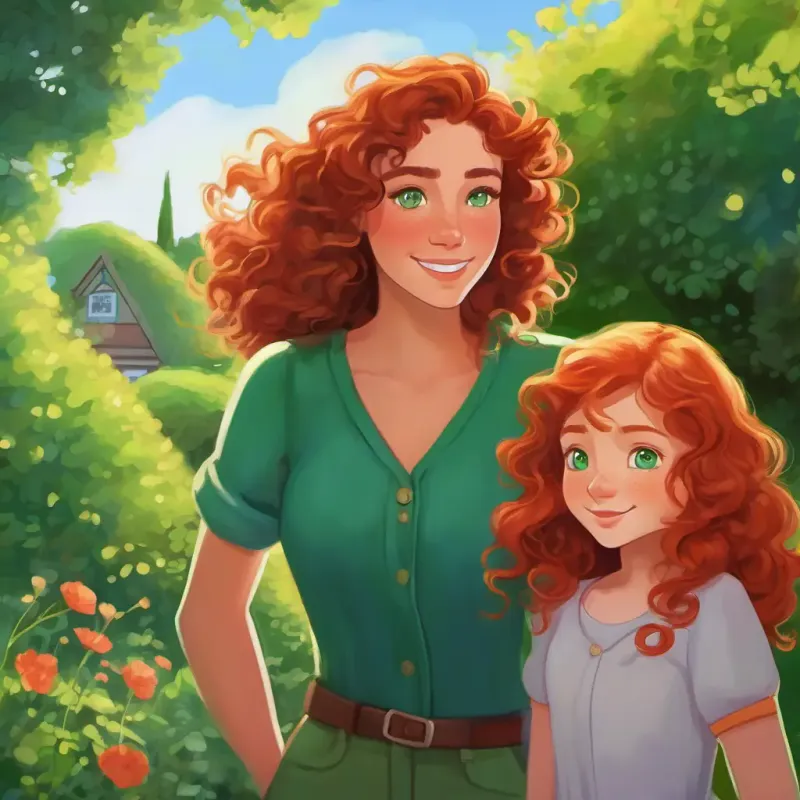 Curly brown hair, bright green eyes and Long red hair, freckles, big blue eyes returning home, talking to Curly brown hair, bright green eyes's mum, garden setting